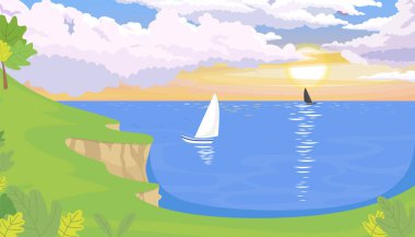 Yelkenli resimli deniz manzarasının vektör çizimi. Yüksek uçurumlu bir sahilin karikatür sahnesi, bir ağaç, yeşil bitkiler, mavi deniz, yelkenli, suda dalgalanmalar, parlak güneş, tüylü bulutlar.