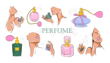 Çizgi film tarzında nefis parfümler. Güzel kadınların tutuş, parfüm sıkma, hoş kokular, farklı şekillerde şişeler, beyaz arka planda izole edilmiş tasarımlar..