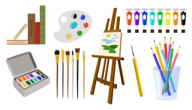 Yaratıcılık için karikatür tarzında çizim yapan nesneler. Vektör illüstrasyonu: kitaplar, paletler, boya tüpleri, tuval, fırçalar, suluboya, beyaz arkaplanda izole edilmiş kalemlerle cam..