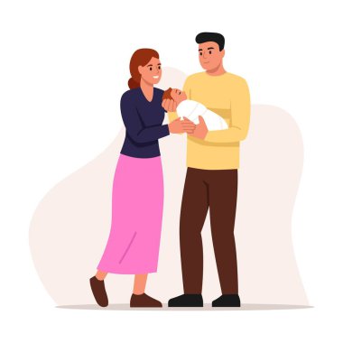 Vektör illüstrasyonu mutlu ebeveynlik. Çizgi film sahnesi, neşeli, gülümseyen anne ve baba kucaklaşması, beyaz arka planda izole edilmiş yeni doğmuş bebeğe sarılma. Sevgi dolu genç bir aile. Bebekleri önemseyen.