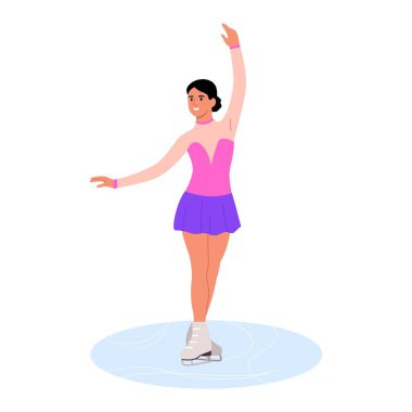 Güzel bir artistik patinajcının vektör çizimi. Çizgi film sahnesinde, artistik buz pateni pistinde kayan, elbise giyen ve artistik patenler giyen gülümseyen bir kız vardı. Buz dansı. Kış Olimpiyat disiplini.
