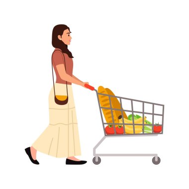 Market alışverişi yapan güzel bir kadının vektör çizimi. Tekerlekli market arabası olan genç bir kadının karikatür sahnesi: muz, domates, lahana, beyaz arka planda izole edilmiş baget.