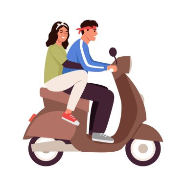 Neşeli, sevgi dolu bir adamın ve motosiklet süren bir kızın temsili çizimi. Kahverengi motosiklet süren bir adamın çizgi film sahnesi. Bir kız arkada oturuyor ve beyaz bir arka planda ona sarılıyor..