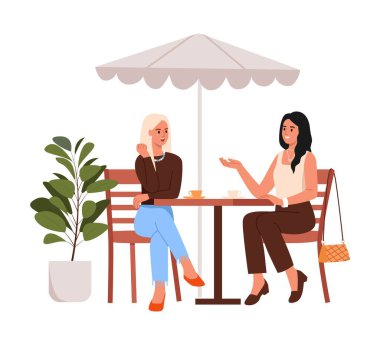 Kafede oturan iki güzel kadının vektör illüstrasyonu. Kafedeki bir masada sohbet eden iki kızın karikatür sahnesi. Büyük bir şemsiye altında, bir fincan kahve, arka planda izole edilmiş bir bitki ve bir fincan kahve..