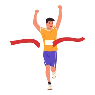 Kırmızı kurdeleyi geçen mutlu bir adamın vektör çizimi. Kolları havada koşan bir erkek sporcunun karikatür sahnesi, beyaz arka planda izole edilmiş kırmızı bir kurdele. Çalışan yarışma.