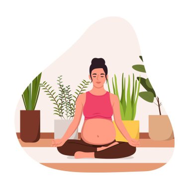 Hamile kadın için yoga vektör çizimi. Çizgi film sahnesinde, gözleri kapalı, nilüfer pozisyonunda oturan, dizleri üzerinde beyaz arka planda izole güzel hamile bir kadın vardı. Meditasyon.