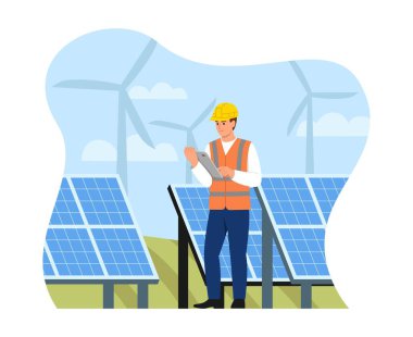 Güneş paneli kurulumunun vektör illüstrasyonu. Sert şapkalı, turuncu yelekli, tablete, güneş panellerine, beyaz arka planda izole rüzgar türbinlerine bakan bir adamın karikatür sahnesi. Güneş enerjisi dönüştürülüyor.