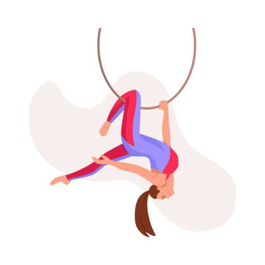 Hava akrobatlarının vektör çizimi. Parlak kostümlü, havadan esnek bir akrobatın beyaz arka planda izole edilmiş bir halkayla oyun oynadığı karikatür sahnesi. Sirk sporları gösterisi.