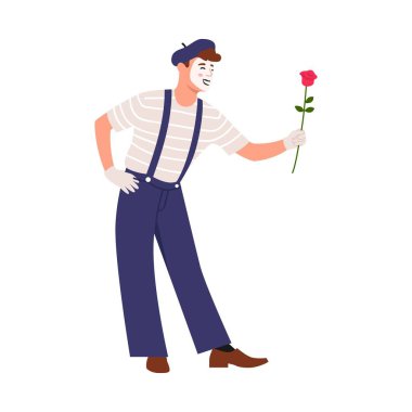 Şirin bir pandomimcinin vektör çizimi. Çizgili tişört, tulum, bere, jest, beyaz arka planda izole edilmiş bir gül tutan pandomim yapan bir erkek çizgi film sahnesi..