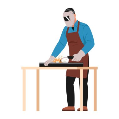 Kaynakçı uzmanının vektör illüstrasyonu. Koruyucu bir miğfer, önlük, eldiven, masada kaynak metal parçaları, kaynak ekipmanları, beyaz bir arka planda izole edilmiş kıvılcımlar..