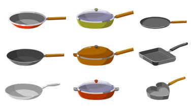 Farklı mutfak aletlerini çizgi film tarzında ayarla. Yemek pişirmek için mutfak aletlerinin vektör çizimi: tencereler, tavalar, kapaklı kızartma tavaları, sapları, beyaz arka planda izole edilmiş ızgara tavaları.