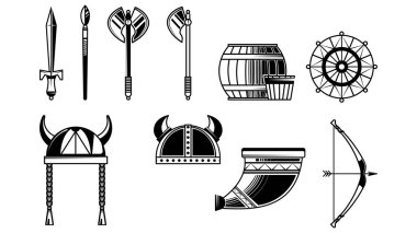 Çizgi film tarzında Viking grafik simgeleri. Vektör illüstrasyon: Kılıç, mızrak, balta, fıçı, boynuzlu miğfer, içme borusu, beyaz arka planda izole edilmiş ok ve yay. İskandinav savaşçıları.