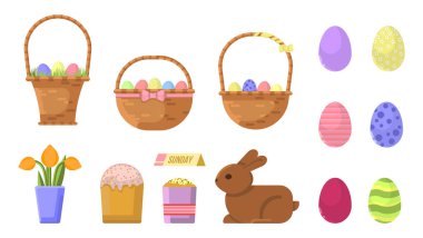 Paskalya bayramı için karikatür tarzında bir setin vektör çizimi. Renkli yumurtalar, Paskalya tavşanı, laleler ve beyaz arka planda izole Paskalya yumurtaları. Hristiyan bayramları ve gelenekleri.