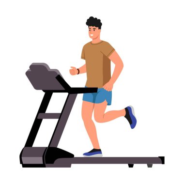 Koşu bandında koşan sporcu bir adamın vektör çizimi. Koşu bandında koşan, kasları güçlendiren, beyaz arka planda izole edilmiş fiziksel dayanıklılığı arttıran fit bir adamın karikatür sahnesi..