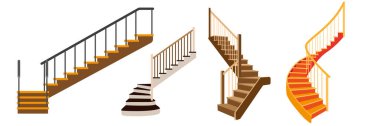 Çizgi film tarzında güzel ahşap merdivenler. Metal parmaklıklı çeşitli merdivenlerin vektör çizimi, evlerin içi için sarmal merdivenler, beyaz arka planda izole edilmiş apartmanlar..
