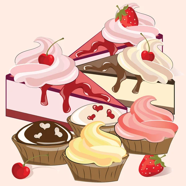 Muffins y pasteles de postre composición — Vector de stock