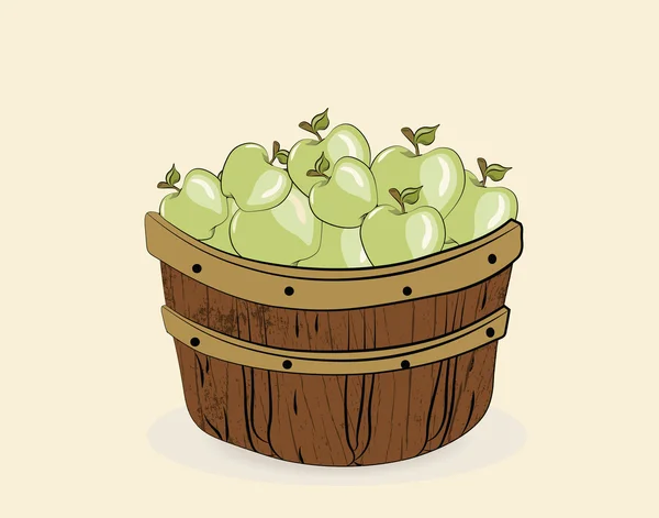 Manzanas verdes en una cesta de madera — Vector de stock