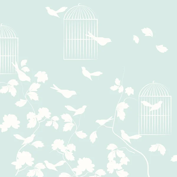 Pigeons oiseaux avec feuilles et cage — Image vectorielle