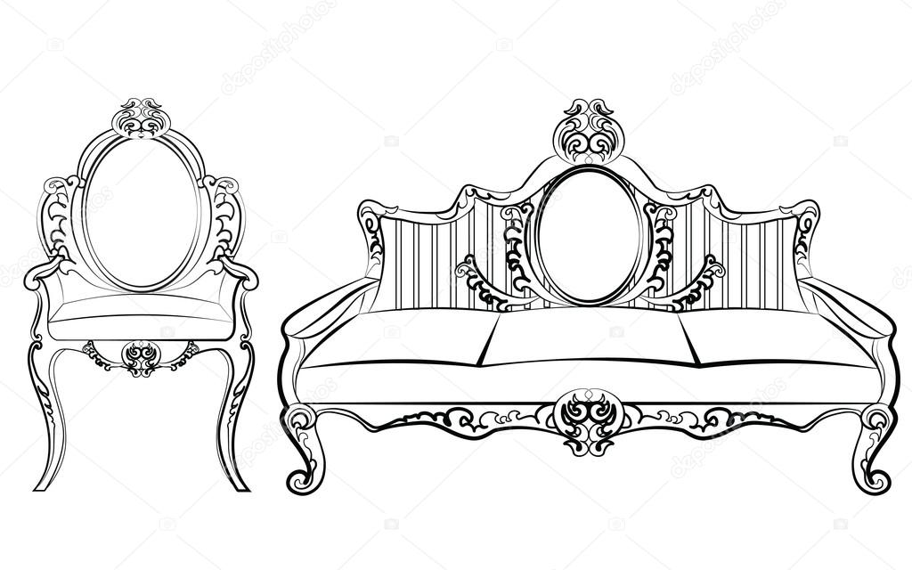 Rich Baroque Rococo armchair and dressing table set. French Luxury carved  ornaments furniture. Vector Victorian exquisite Style decorated frames -  Stock Image - Everypixel