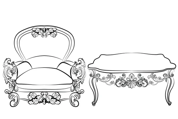Royal nojatuoli ja pöytä asetettu rokokoo barokkityyliin — vektorikuva