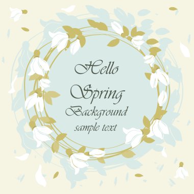 Yuvarlak çiçek kardelen çelenk ile Merhaba bahar kartı