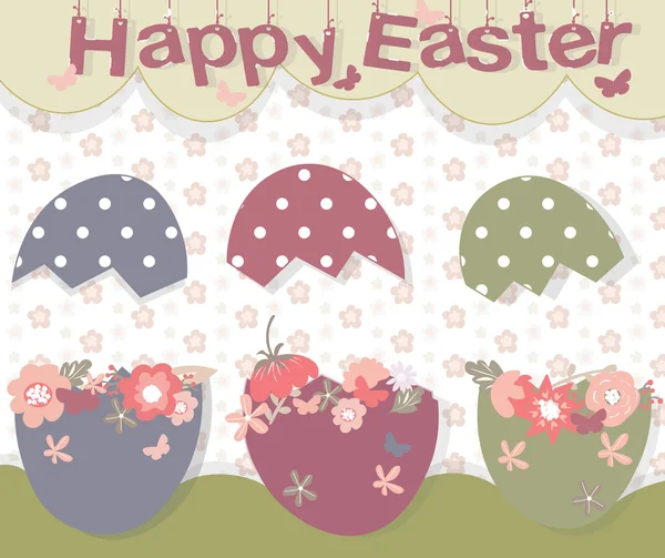Buona Pasqua con uova e fiori incrinati — Vettoriale Stock