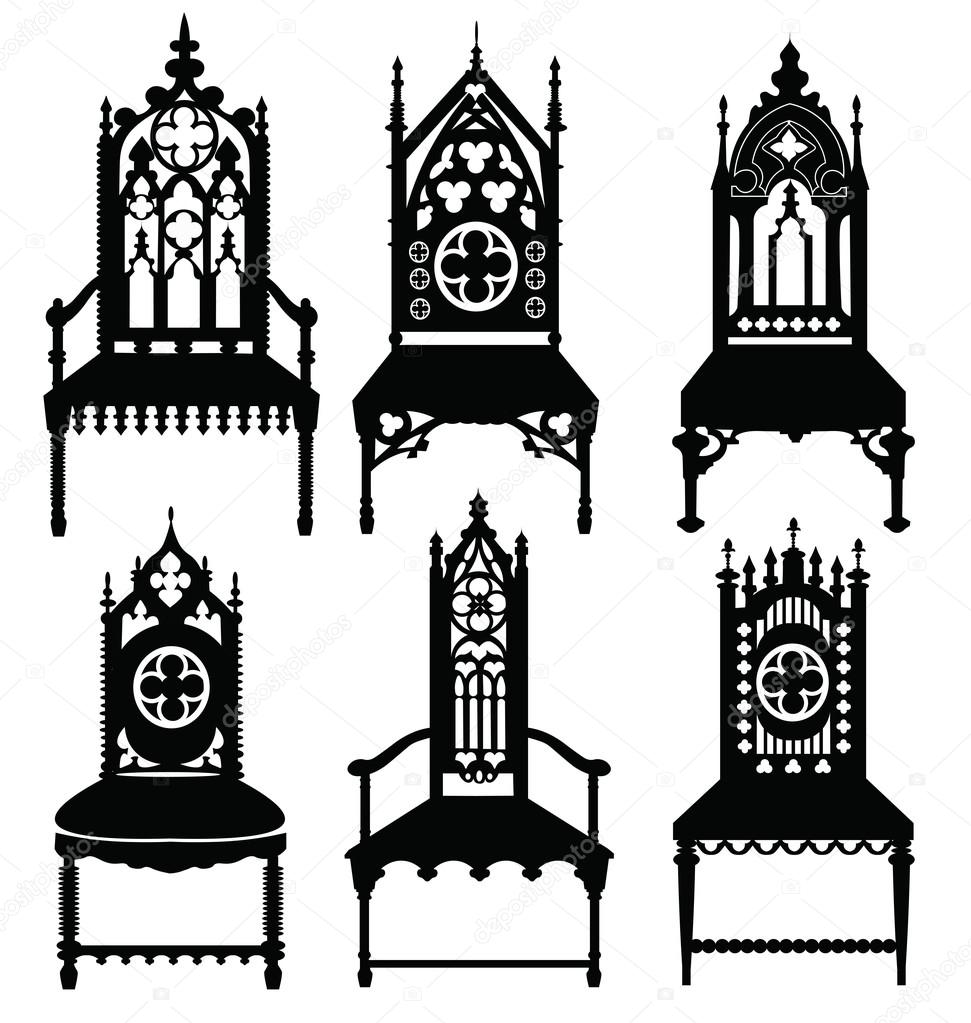 Gothic style chairs set with ornaments. Vector sketch