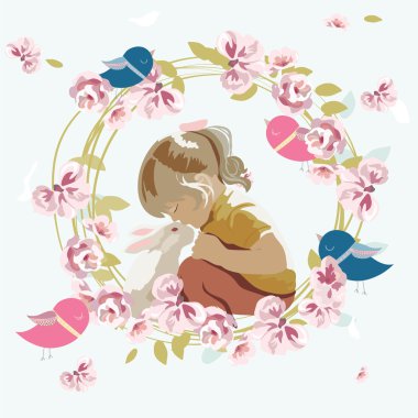 Küçük kız bir tavşan ile oynamak