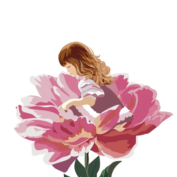 Bambina in un fiore di peonia rosa — Vettoriale Stock