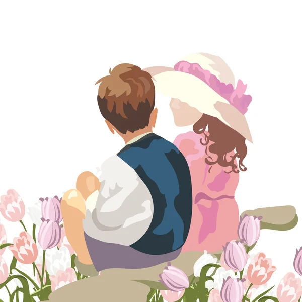 Glückliche Kinder auf einer Tulpenwiese — Stockvektor