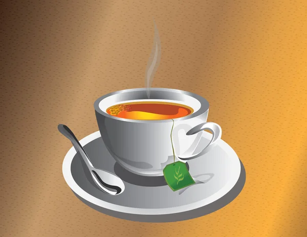 Xícara de chá quente com colher de prata — Vetor de Stock