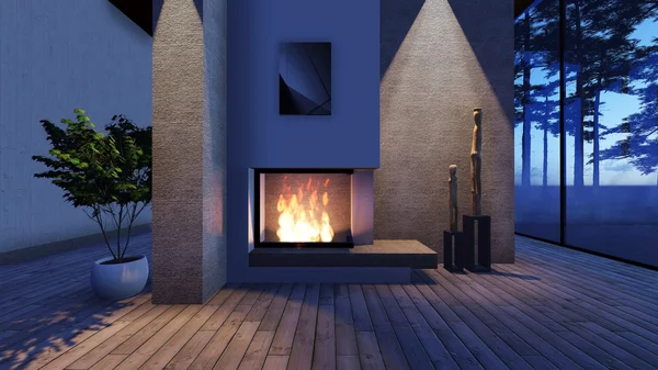 Modern Fireplace in white stone with lights — Stock Photo, Image