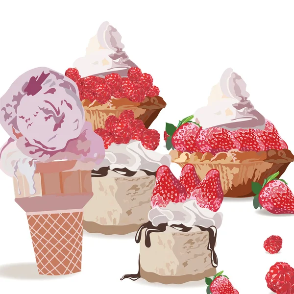 Γλυκές απολαύσεις νόστιμο παγωτό και κέικ — Διανυσματικό Αρχείο