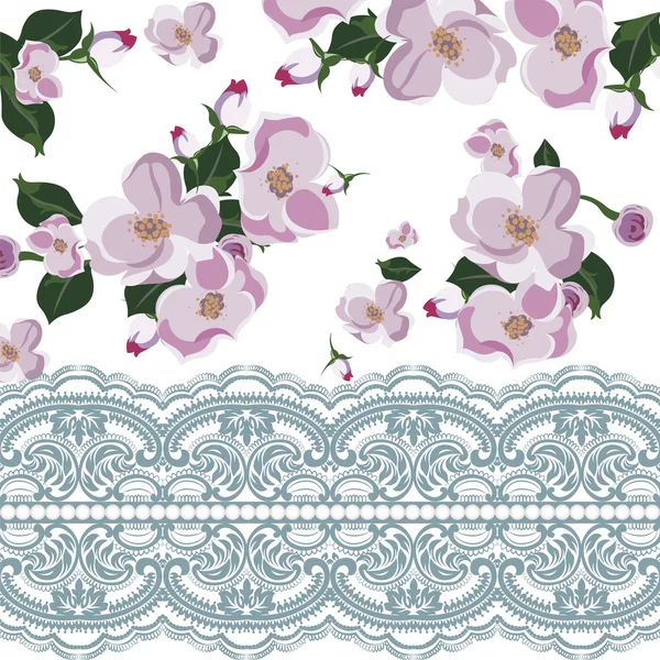 Vintage mooie bloemen kaart met kant lint en parels — Stockvector