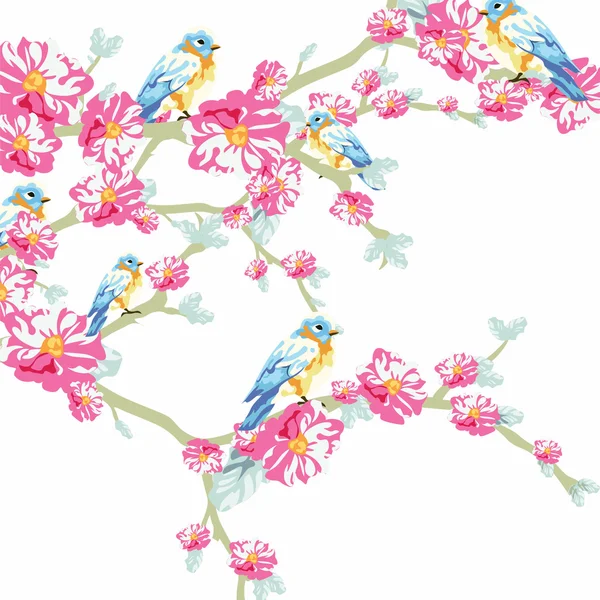Ilustracja wektor kwitnące drzewo i gołębie w technice akwareli — Wektor stockowy