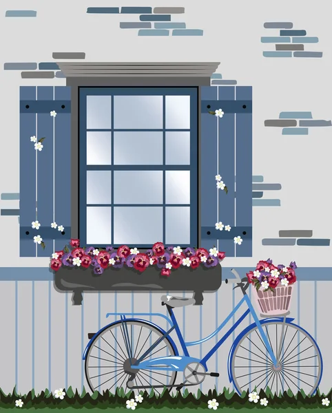 Vintage cykel och blommor under fönstret — Stock vektor