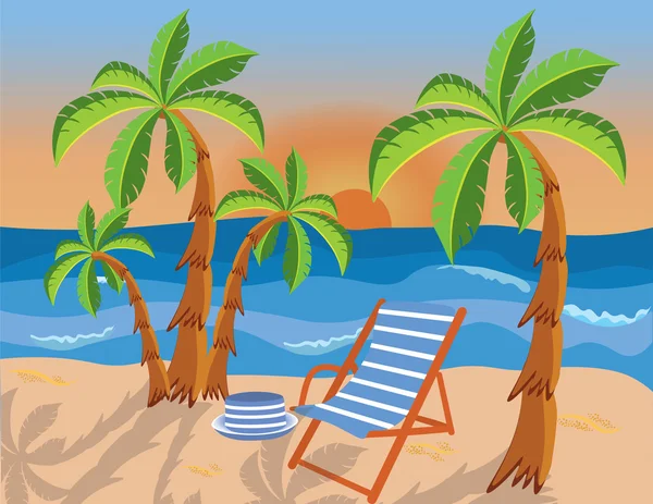 Praia tropical com palmeiras e espreguiçadeira — Vetor de Stock