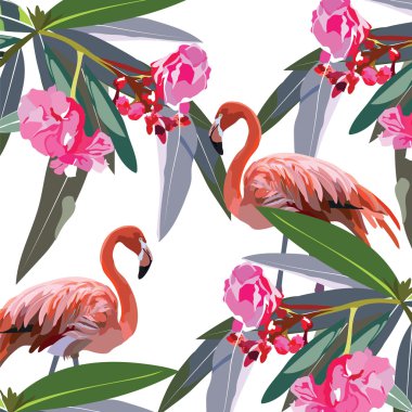 Flamingo kuşları ve tropik çiçekler