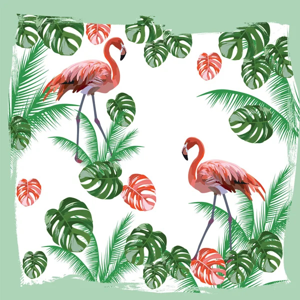 Flamingo birds and palm leaves — Stock Vector