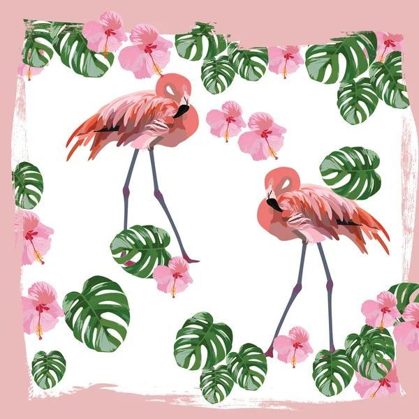 Aves del flamenco y hojas de palma — Vector de stock