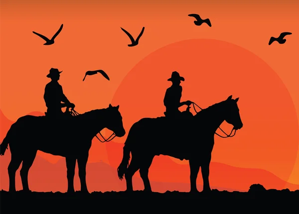 Cowboys silhouettes at sunset — Stock Vector