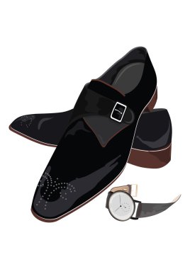 Siyah klasik erkek ayakkabı ve izle