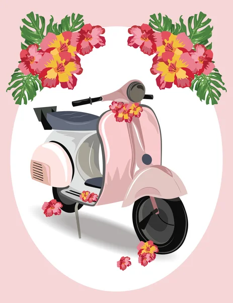 Ροζ σκούτερ με λουλούδια — Διανυσματικό Αρχείο