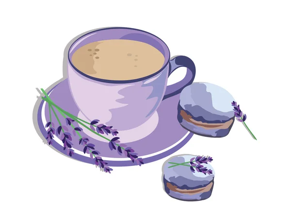 Taza de café o té con macarrones de lavanda — Archivo Imágenes Vectoriales