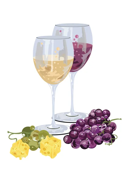 Vasos de vino con uvas y queso — Archivo Imágenes Vectoriales