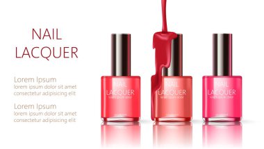 Üstünden sıvı dökülen üç tırnak koruyucu kap. Gerçekçi. 3 boyutlu ürün yerleştirme. Metin için yer