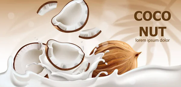Noci di cocco aperte intere e screpolate immerse nel latte. Realistico. Mockup 3D posizionamento del prodotto. Posto per testo — Vettoriale Stock