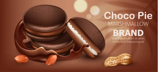Tre torte di cioccolato impilate con marshmallow circondate da cioccolato e arachidi scorrevoli. Realistico. Mockup 3D posizionamento del prodotto. Posto per testo — Vettoriale Stock