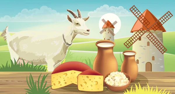 Ziege auf der Wiese mit Windmühlen, neben einem Tisch mit Käse, Quark und Milch darauf. Realistisch. 3D-Produktplatzierung als Attrappe — Stockvektor