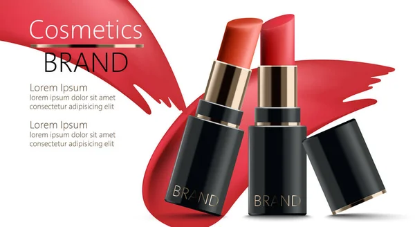 Two lipsticks leaning on each other. Realistic. 3D mockup product placement. Place for text Royalty Free Stock Illustrations